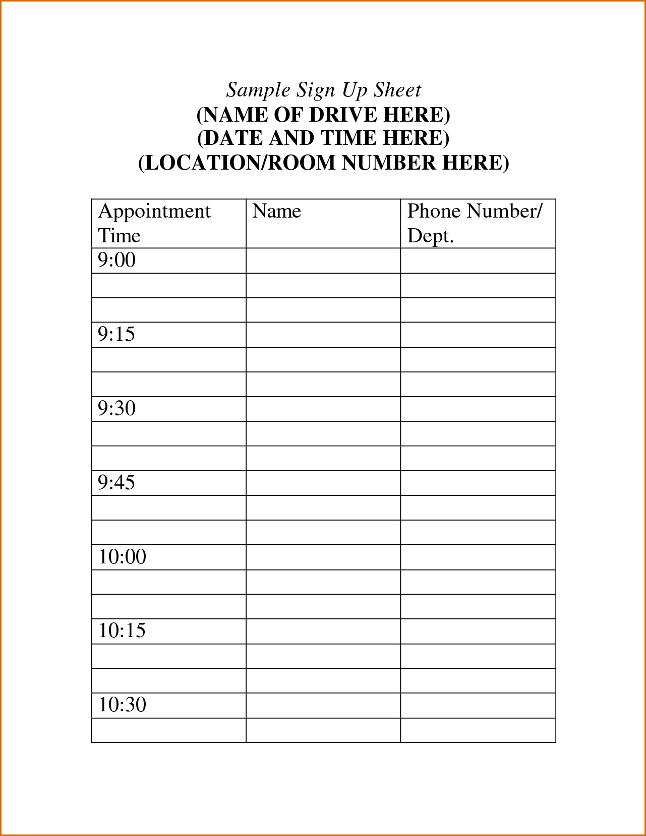 Printable time slot sheet